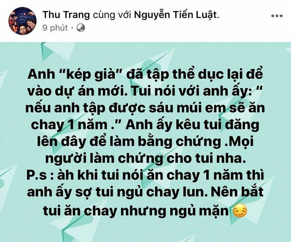 Thu Trang chơi lớn hứa sẽ ăn chay 1 năm nếu Tiến Luật tập lên 6 múi, cư dân mạng cười không nhặt được mồm-2